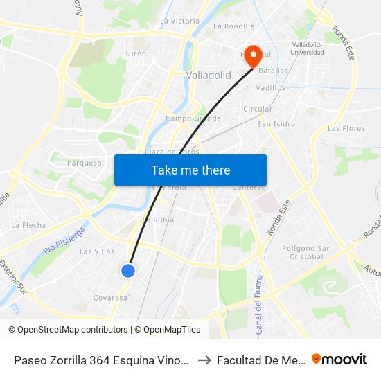 Paseo Zorrilla 364 Esquina Vinos De Rueda to Facultad De Medicina map