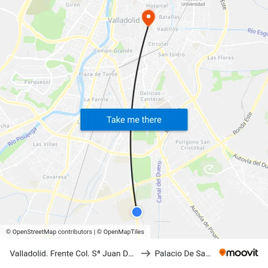 Valladolid. Frente Colegio San Juan De Dios (N-601) to Palacio De Santa Cruz map