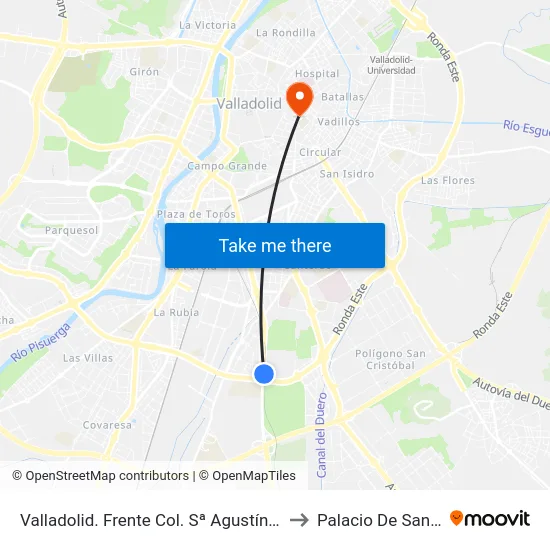 Valladolid. Frente Colegio San Agustín (Gasolinera) to Palacio De Santa Cruz map