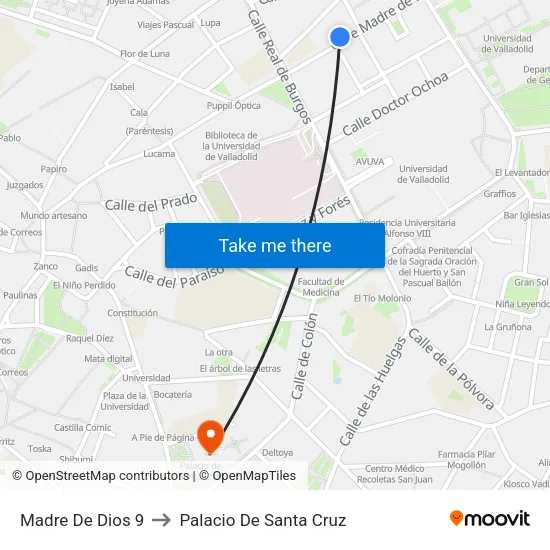 Madre De Dios 9 to Palacio De Santa Cruz map