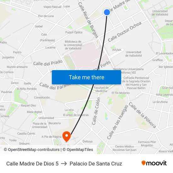 Calle Madre De Dios 5 to Palacio De Santa Cruz map