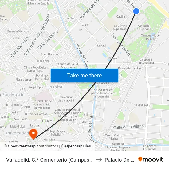 Valladolid. C.º Cementerio (Campus Miguel Delibes, Comedor) to Palacio De Santa Cruz map