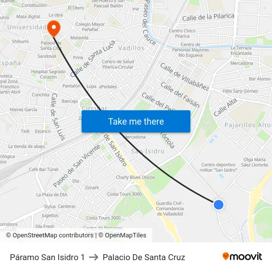 Páramo San Isidro 1 to Palacio De Santa Cruz map