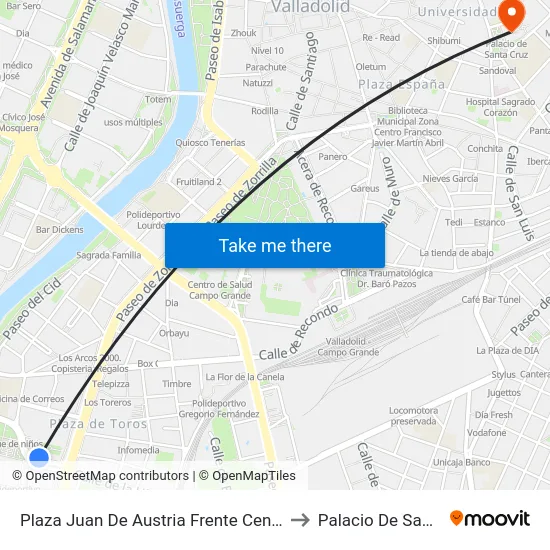 Plaza Juan De Austria Frente Centro Comercial to Palacio De Santa Cruz map