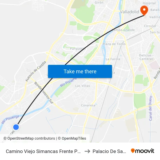 Camino Viejo Simancas Frente Pago La Bomba to Palacio De Santa Cruz map