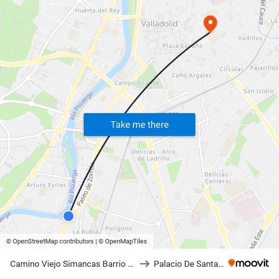 Camino Viejo Simancas Barrio La Rubia to Palacio De Santa Cruz map