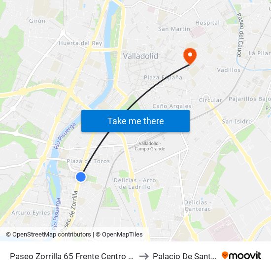 Paseo Zorrilla 65 Frente Centro Comercial to Palacio De Santa Cruz map