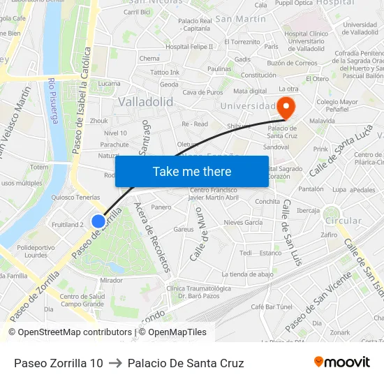 Paseo Zorrilla 10 to Palacio De Santa Cruz map