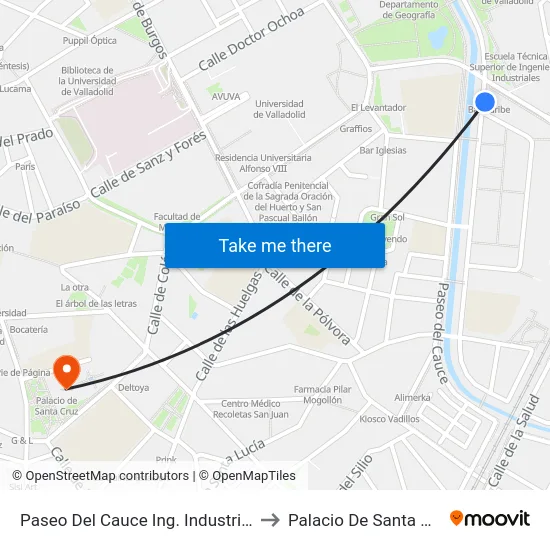 Paseo Del Cauce Ing. Industriales to Palacio De Santa Cruz map