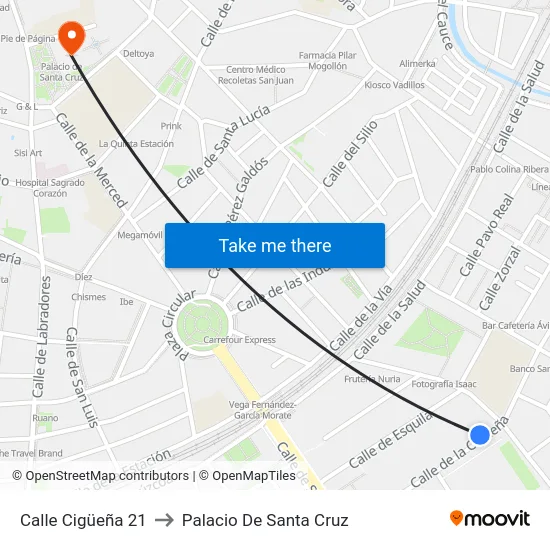 Calle Cigüeña 21 to Palacio De Santa Cruz map