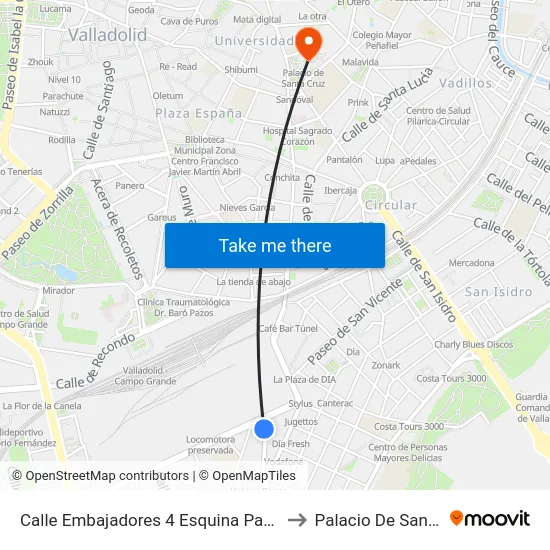 Calle Embajadores 4 Esquina Paseo Farnesio to Palacio De Santa Cruz map