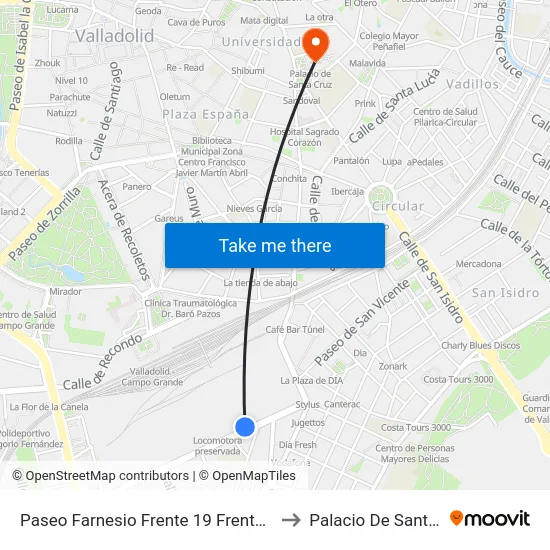Paseo Farnesio Frente 19 Frente Arca Real to Palacio De Santa Cruz map