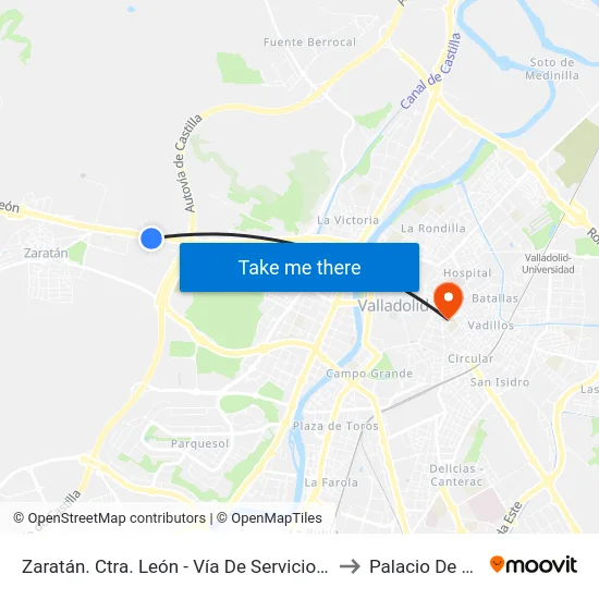 Zaratán. Ctra. León - Vía De Servicio (Raqueta Expocerámica) to Palacio De Santa Cruz map