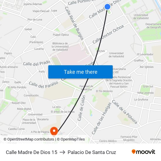 Calle Madre De Dios 15 to Palacio De Santa Cruz map