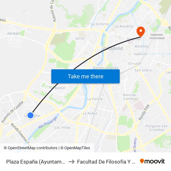 Plaza España (Ayuntamiento) to Facultad De Filosofía Y Letras map
