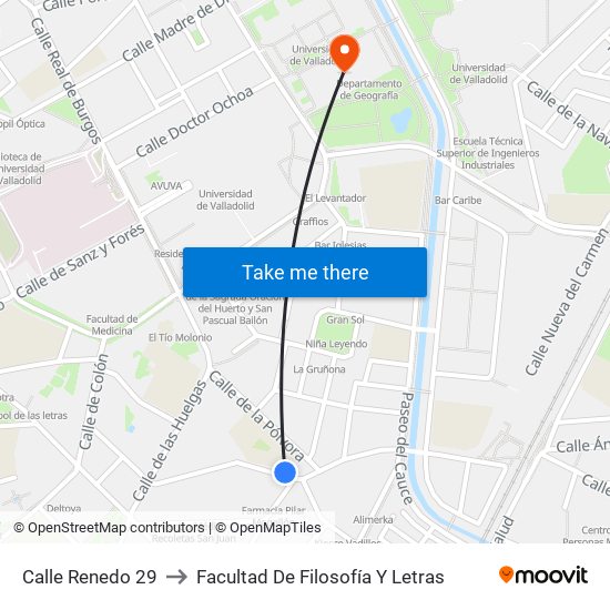Calle Renedo 29 to Facultad De Filosofía Y Letras map