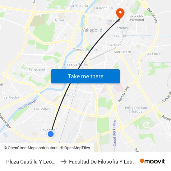 Plaza Castilla Y León 1 to Facultad De Filosofía Y Letras map