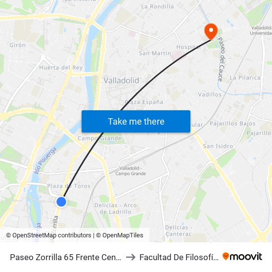 Paseo Zorrilla 65 Frente Centro Comercial to Facultad De Filosofía Y Letras map