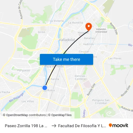 Paseo Zorrilla 198 La Rubia to Facultad De Filosofía Y Letras map