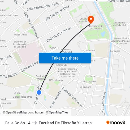 Calle Colón 14 to Facultad De Filosofía Y Letras map