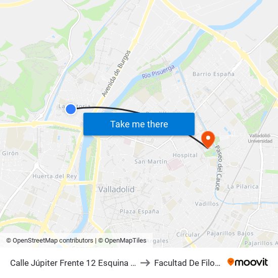 Calle Júpiter Frente 12  Esquina Comuneros De Castilla to Facultad De Filosofía Y Letras map
