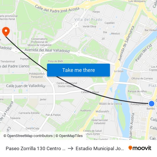 Paseo Zorrilla 130 Centro Comercial to Estadio Municipal José Zorrilla map