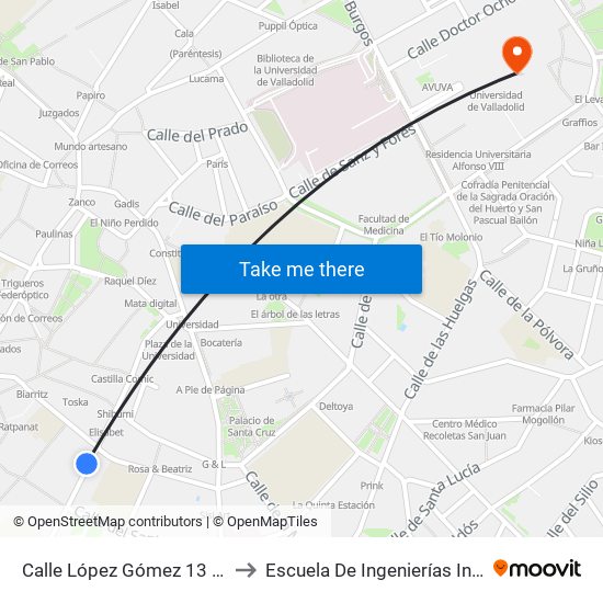 Calle López Gómez 13 Esquina Fray Luis De León to Escuela De Ingenierías Industriales (Sede Mergelina) map