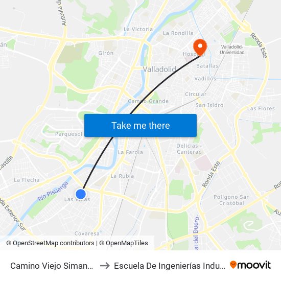 Camino Viejo Simancas Barrio Las Villas to Escuela De Ingenierías Industriales (Sede Mergelina) map