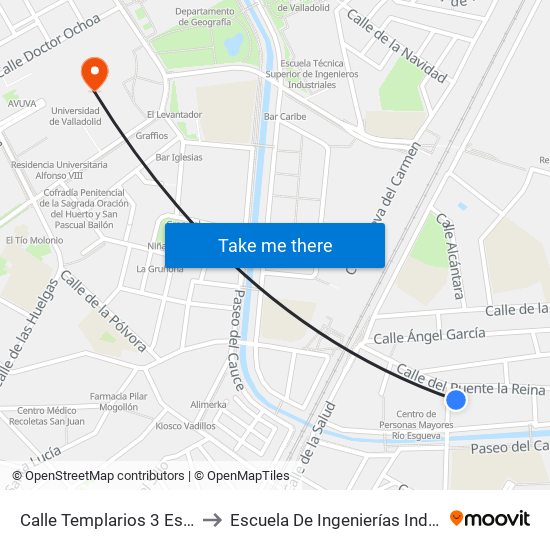 Calle Templarios 3 Esquina Puente La Reina to Escuela De Ingenierías Industriales (Sede Mergelina) map