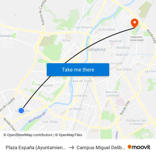 Plaza España (Ayuntamiento) to Campus Miguel Delibes map