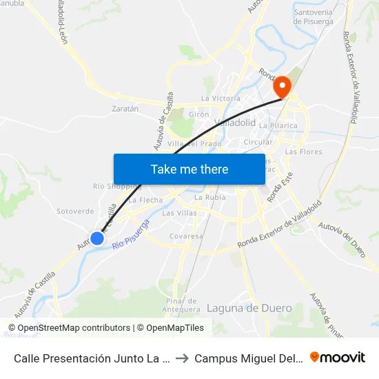 Calle Presentación Junto La Vaca to Campus Miguel Delibes map