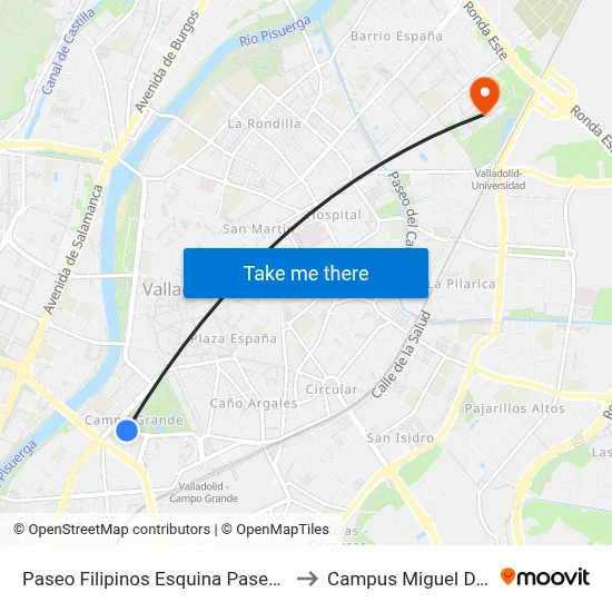 Paseo Filipinos Esquina Paseo Zorrilla to Campus Miguel Delibes map