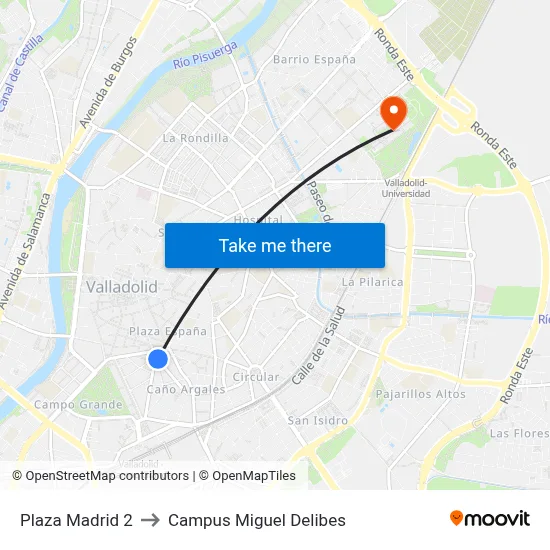 Plaza Madrid 2 to Campus Miguel Delibes map