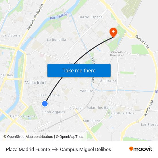 Plaza Madrid Fuente to Campus Miguel Delibes map