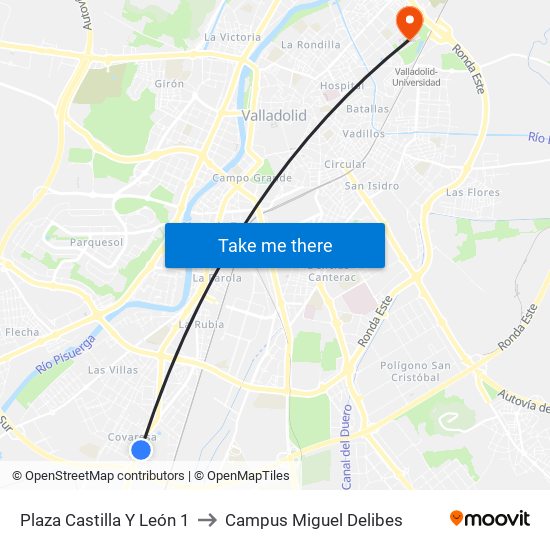 Plaza Castilla Y León 1 to Campus Miguel Delibes map
