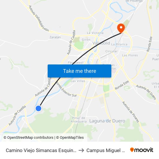 Camino Viejo Simancas Esquina Encinas to Campus Miguel Delibes map