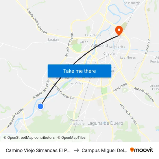 Camino Viejo Simancas El Pichón to Campus Miguel Delibes map