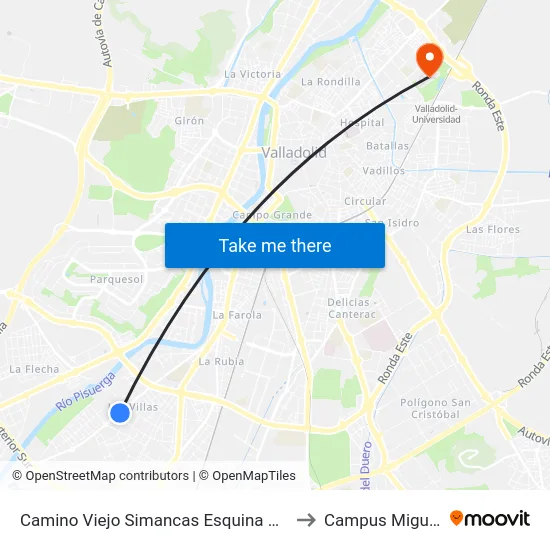 Camino Viejo Simancas Esquina Vega De Valdetronco to Campus Miguel Delibes map
