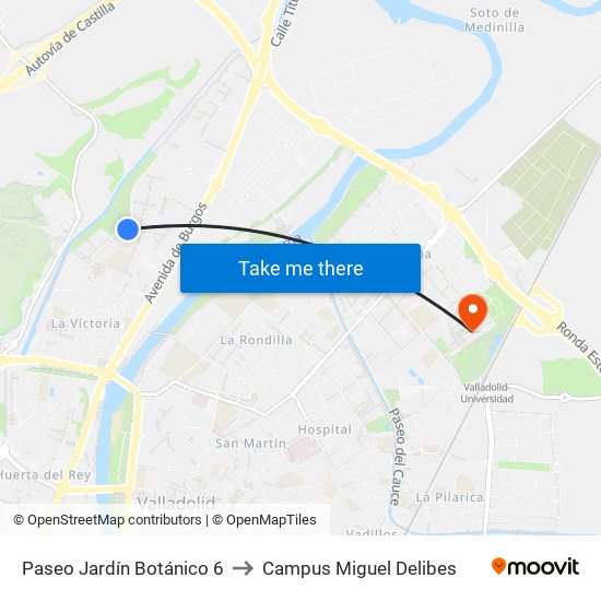 Paseo Jardín Botánico 6 to Campus Miguel Delibes map
