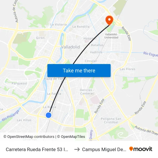 Carretera Rueda Frente 53 Imserso to Campus Miguel Delibes map