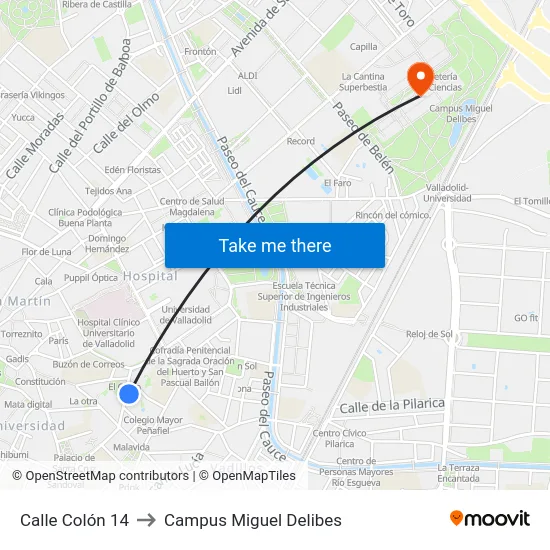 Calle Colón 14 to Campus Miguel Delibes map