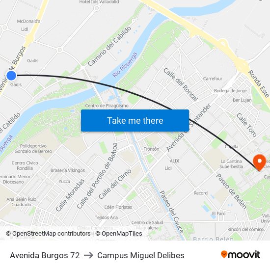 Avenida Burgos 72 to Campus Miguel Delibes map