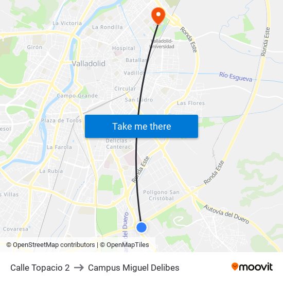 Calle Topacio 2 to Campus Miguel Delibes map