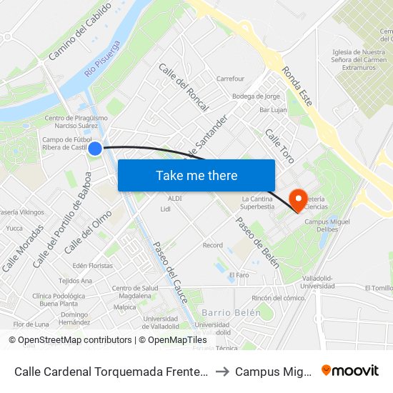 Calle Cardenal Torquemada Frente Polideportivo Rondilla to Campus Miguel Delibes map