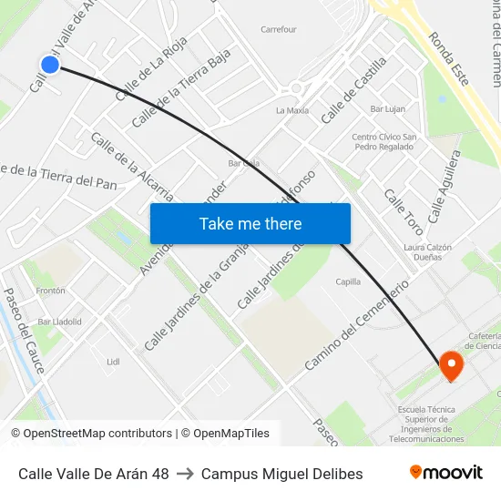 Calle Valle De Arán 48 to Campus Miguel Delibes map