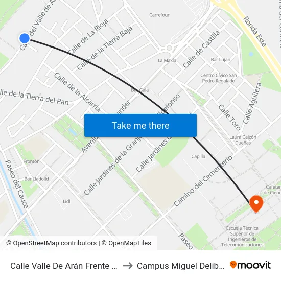 Calle Valle De Arán Frente 40 to Campus Miguel Delibes map