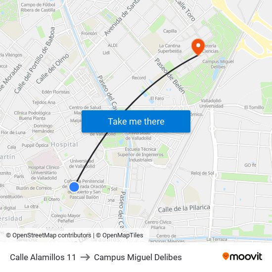 Calle Alamillos 11 to Campus Miguel Delibes map