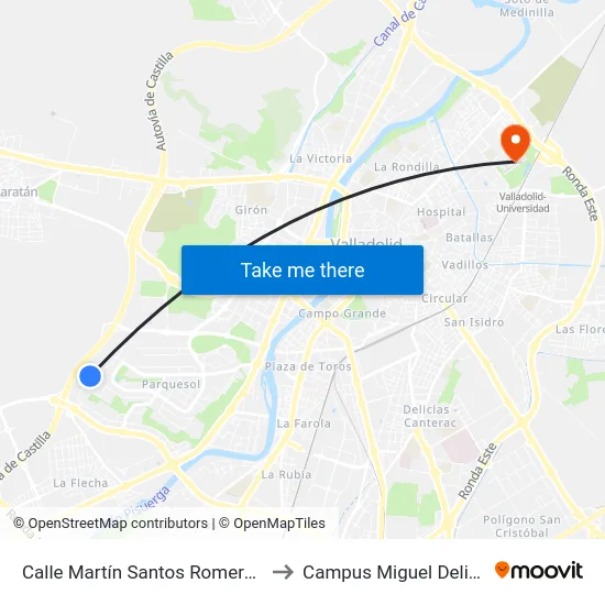 Calle Martín Santos Romero 60 to Campus Miguel Delibes map