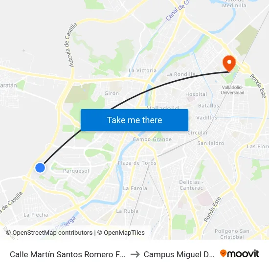 Calle Martín Santos Romero Frente 62 to Campus Miguel Delibes map