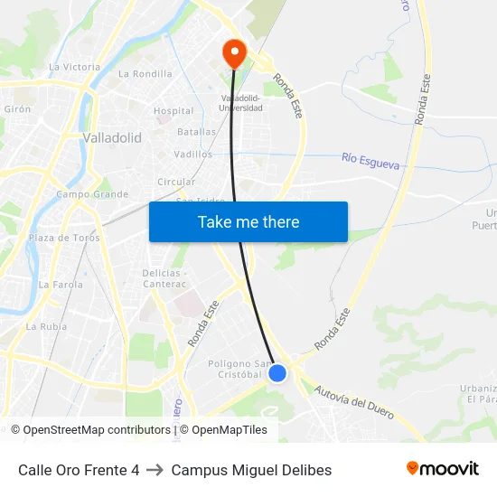 Calle Oro Frente 4 to Campus Miguel Delibes map